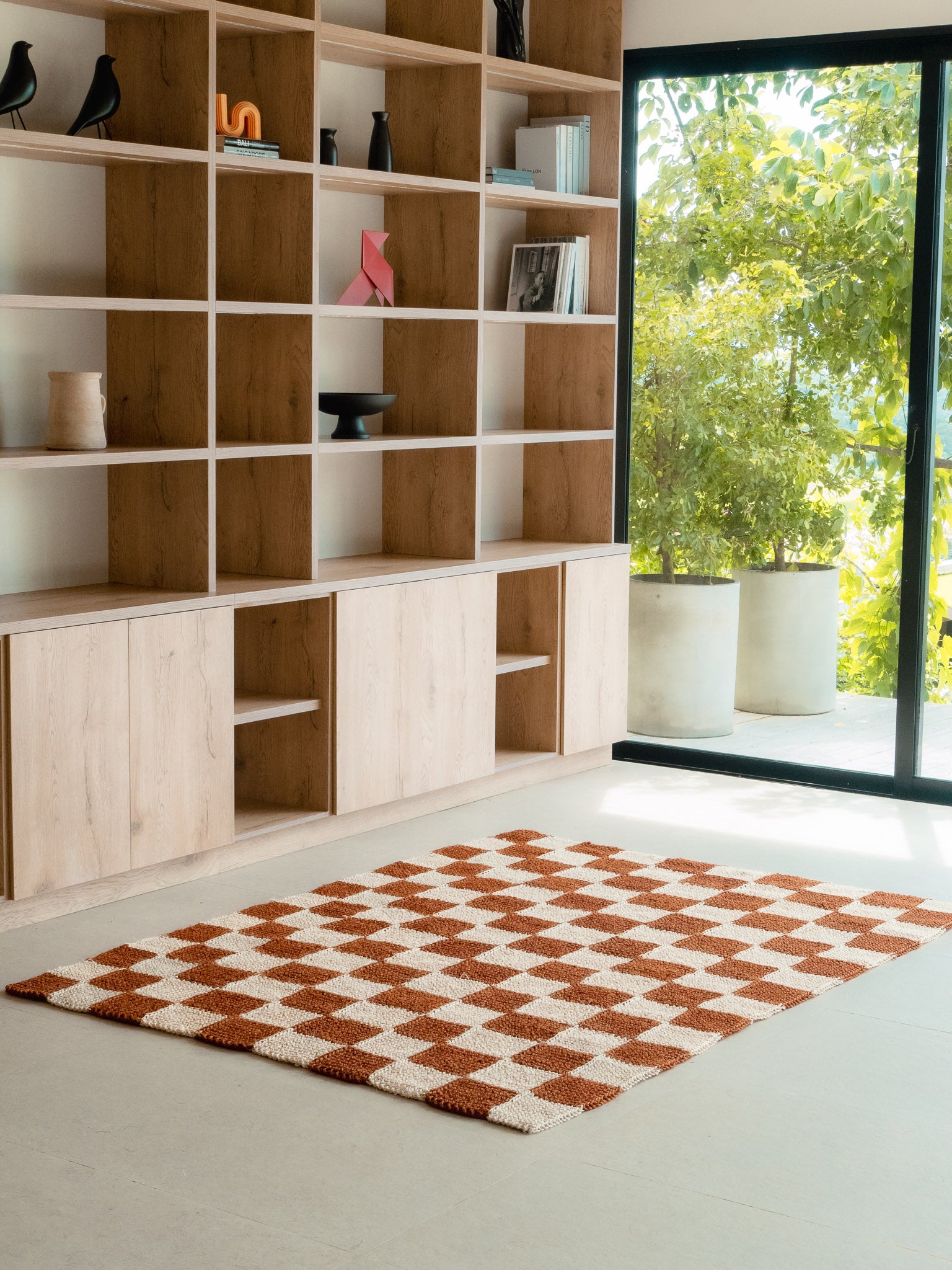 Handwoven Checkered Terracotta and White Rug