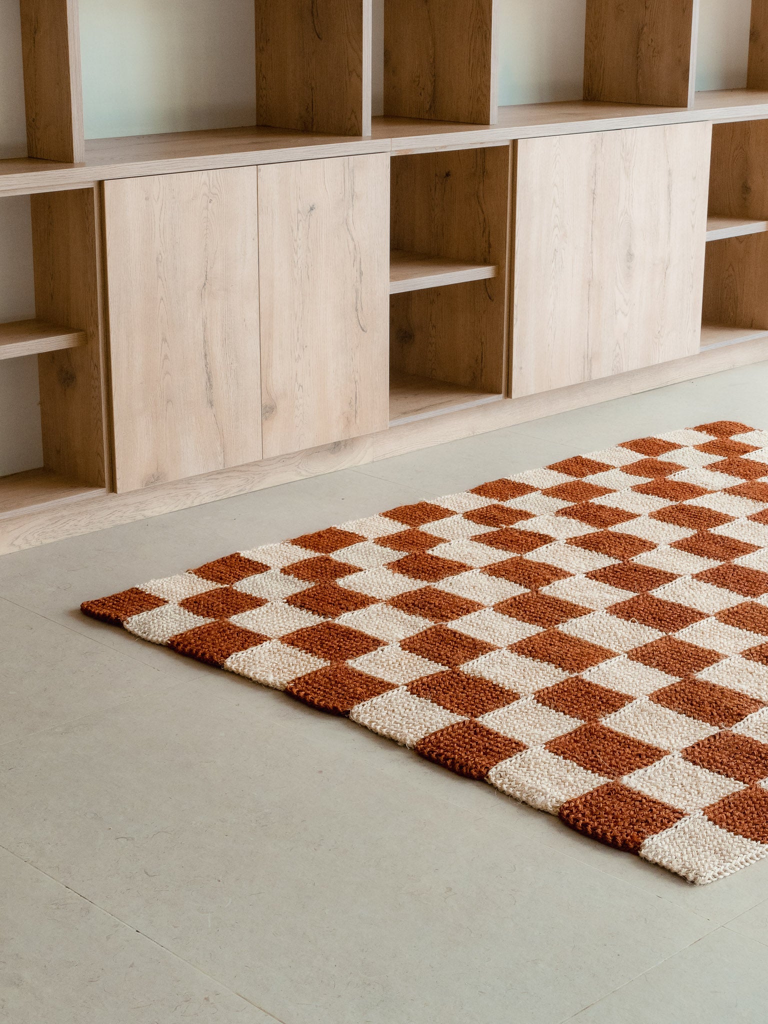 Handwoven Checkered Terracotta and White Rug