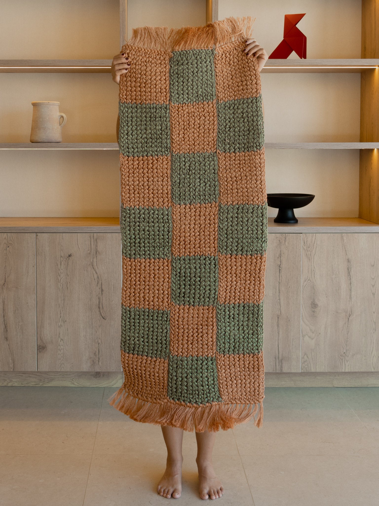 Handwoven Green and Peach Checkered Runner with Fringes