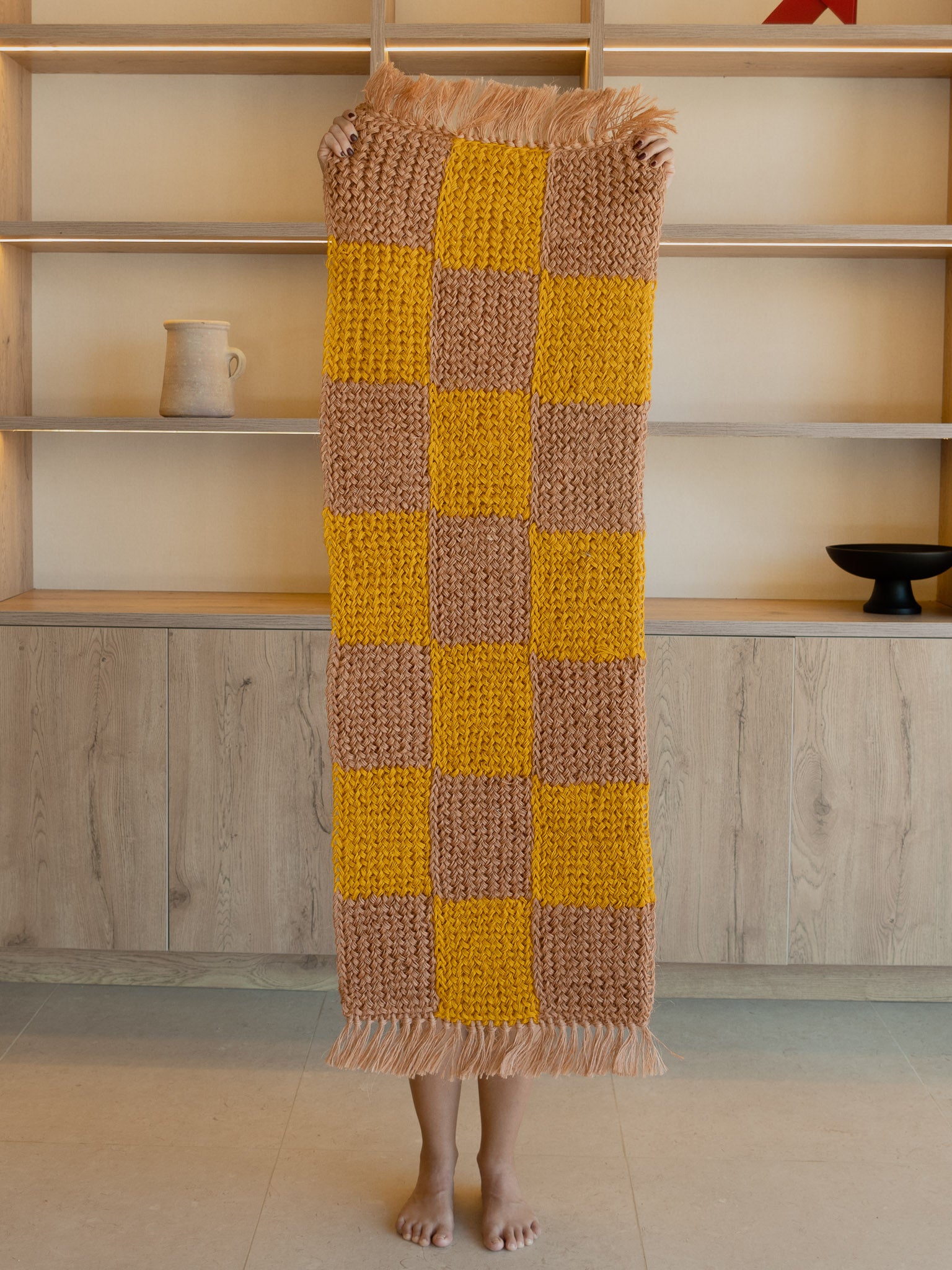 Handwoven Yellow and Peach Checkered Runner with Fringes