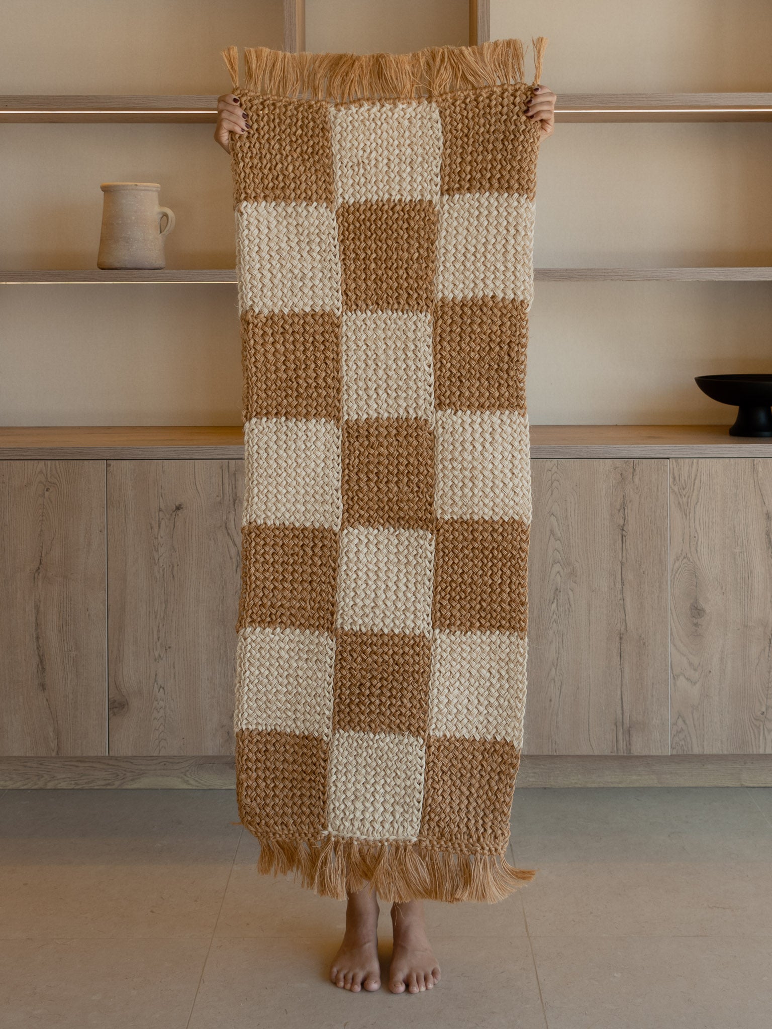 Handwoven Sand and White Checkered Runner with Fringes