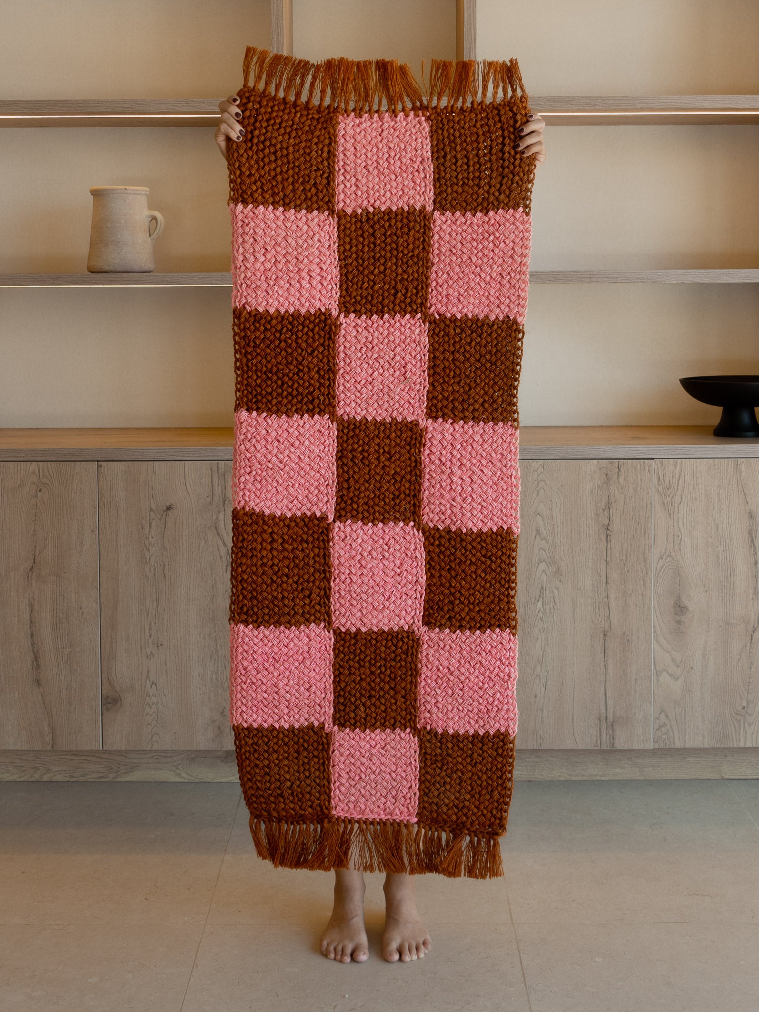 Handwoven Pink and Ochre Checkered Runner with Fringes