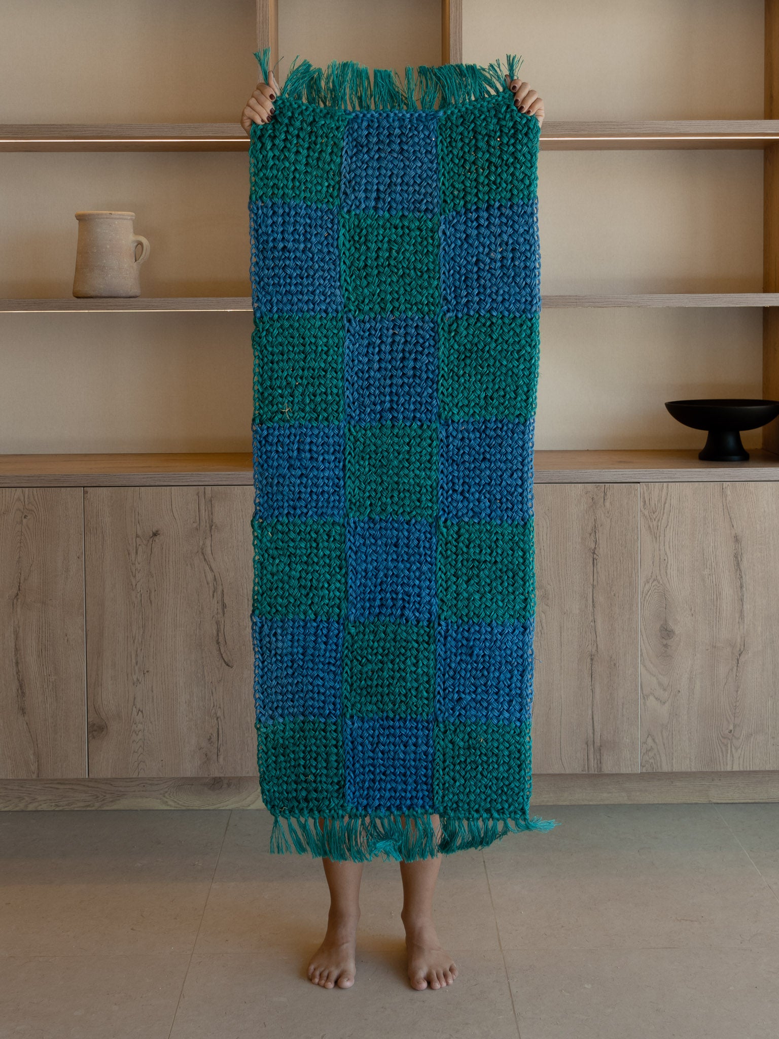 Handwoven Green and Blue Checkered Runner with Fringes