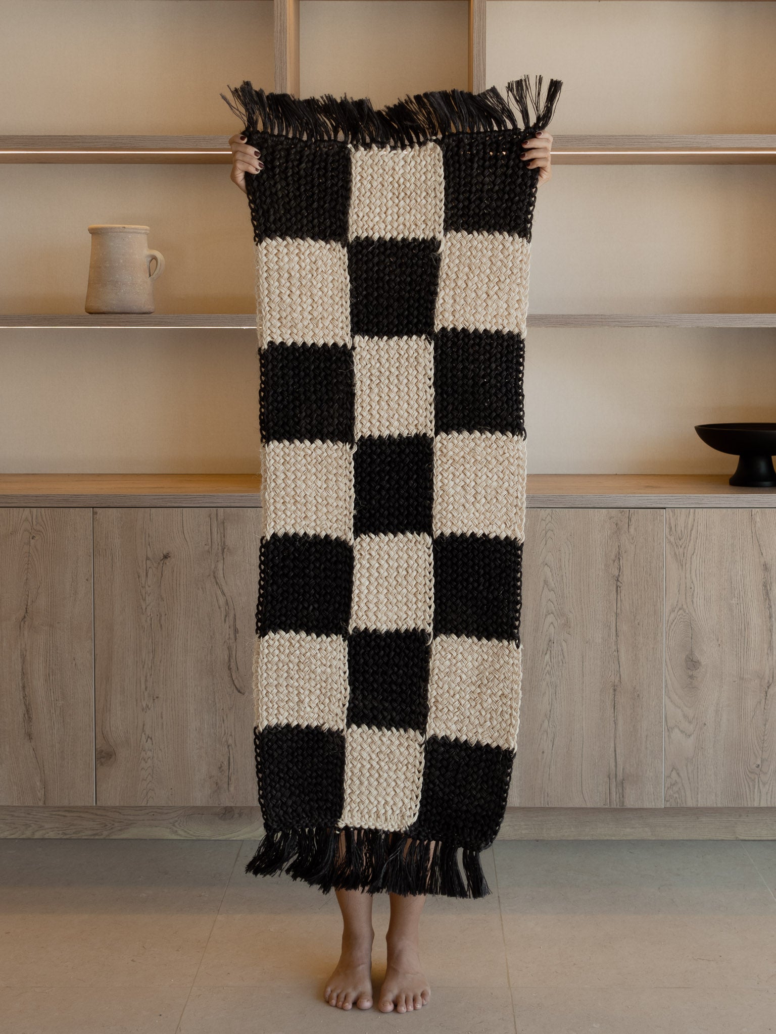 Handwoven Black and White Checkered Runner with Fringes