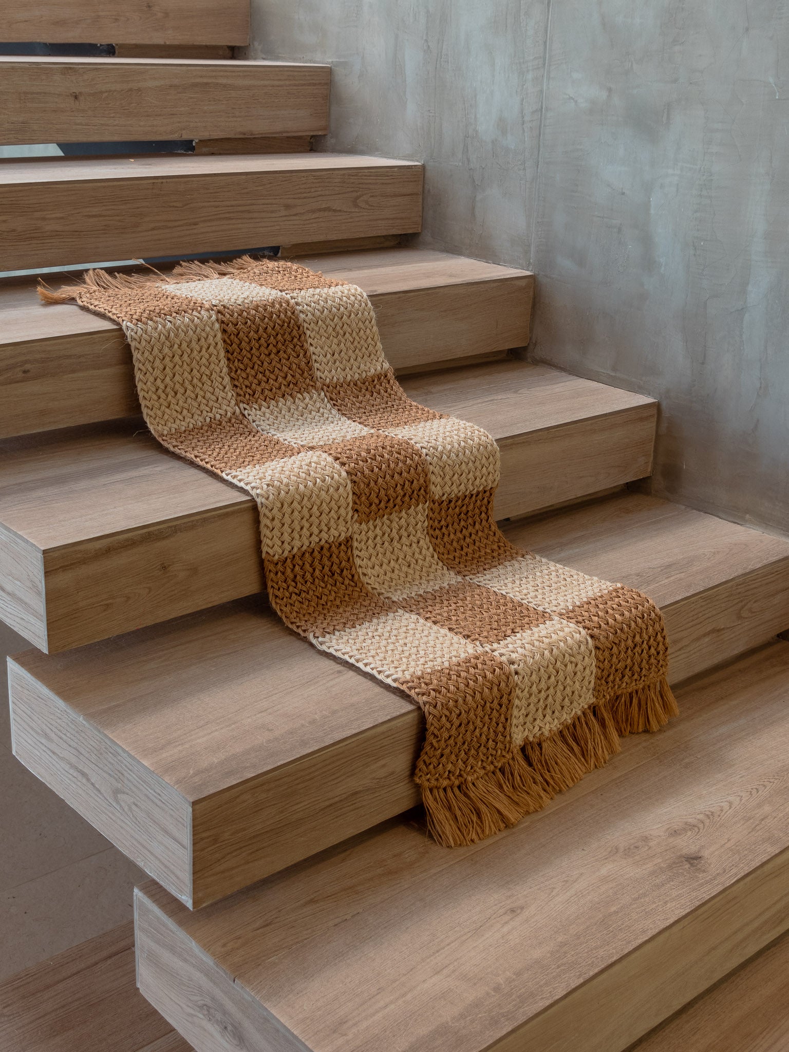 Handwoven Sand and White Checkered Runner with Fringes