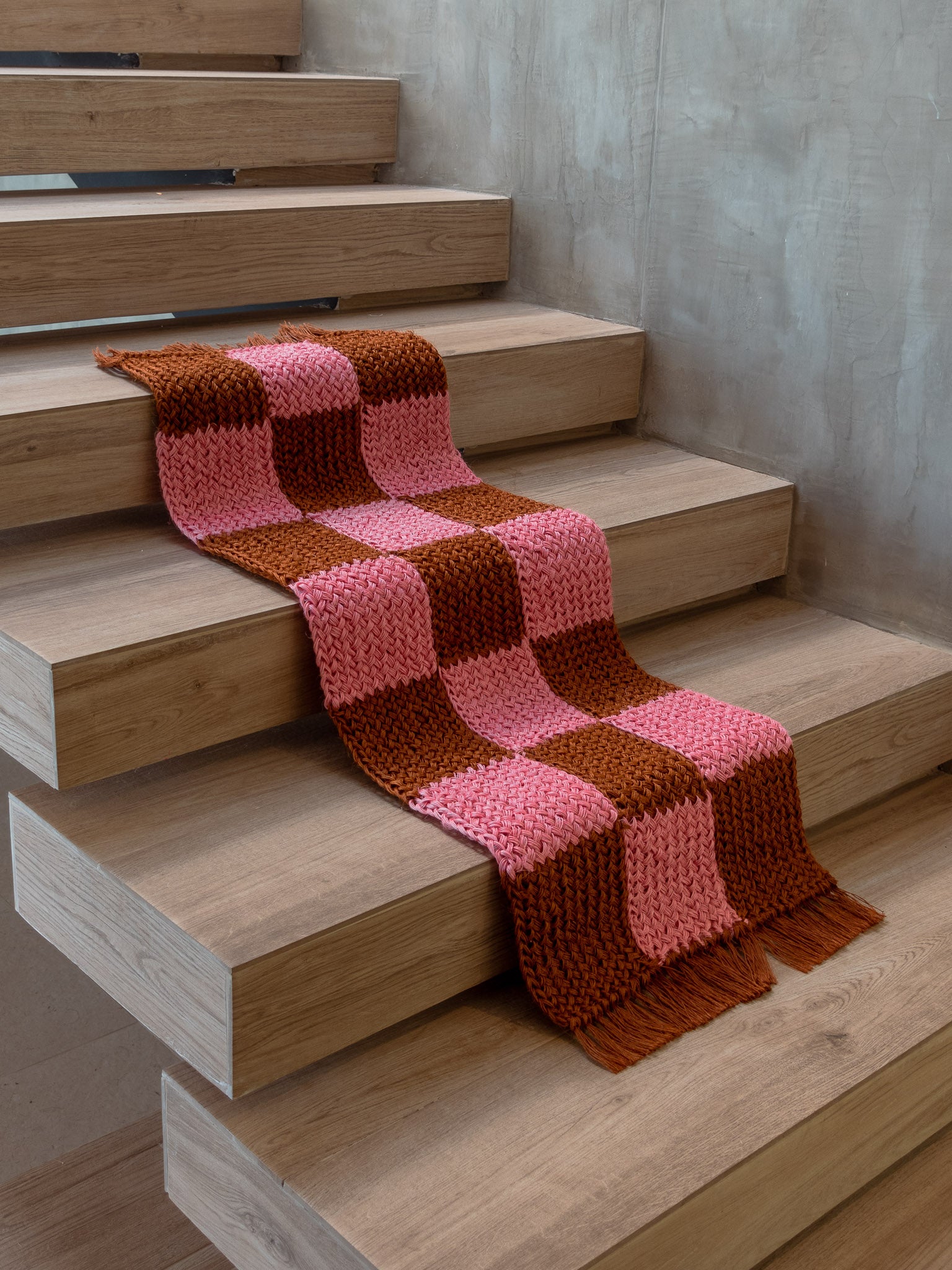 Handwoven Pink and Ochre Checkered Runner with Fringes