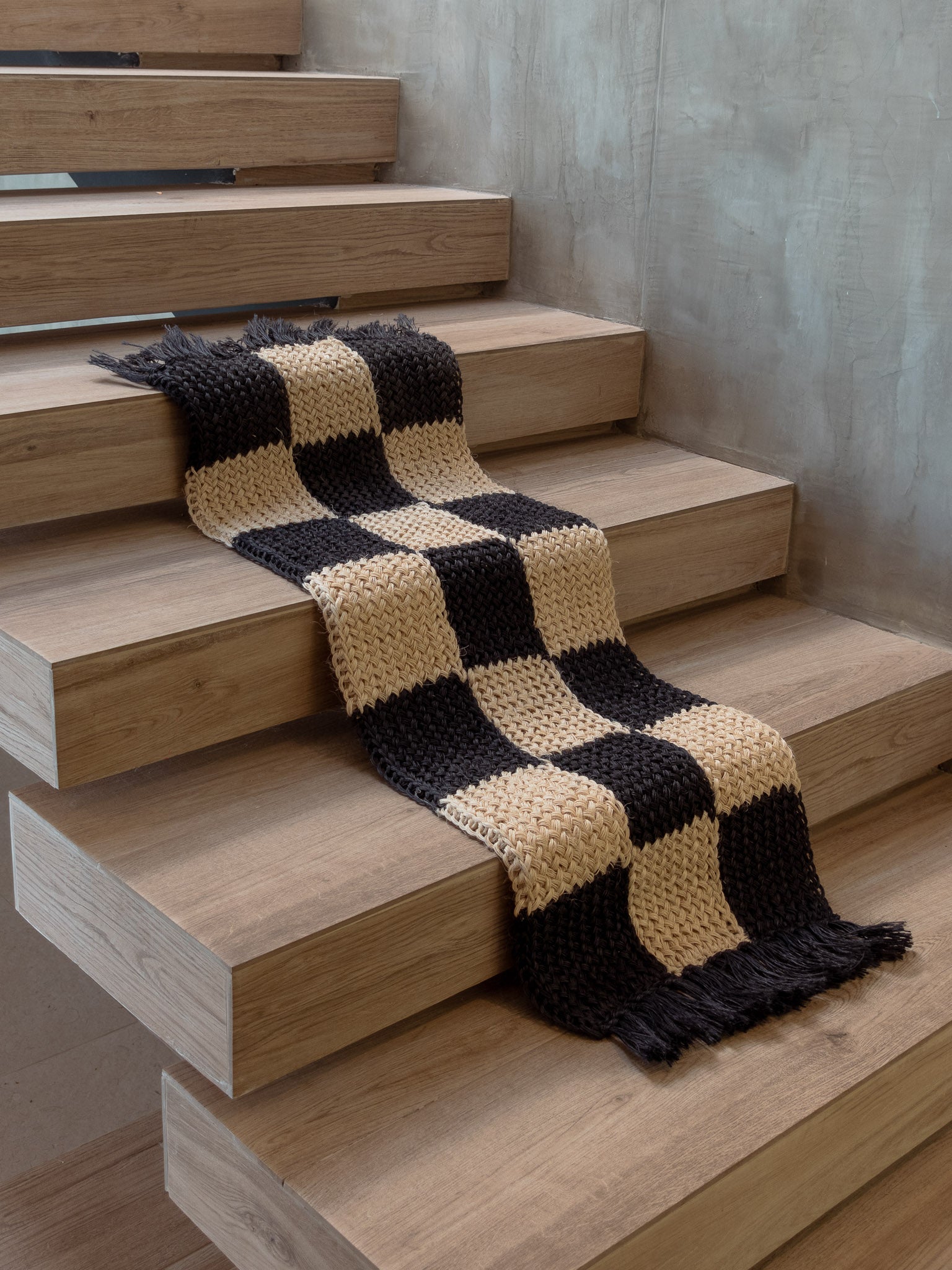 Handwoven Black and White Checkered Runner with Fringes