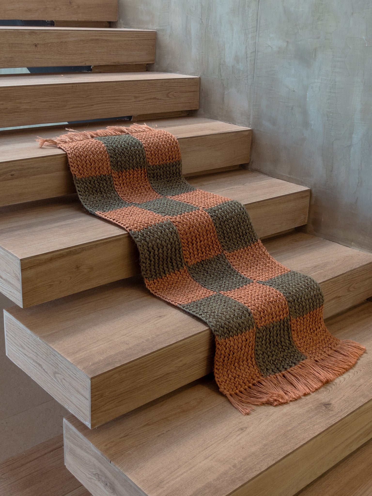 Handwoven Green and Peach Checkered Runner with Fringes