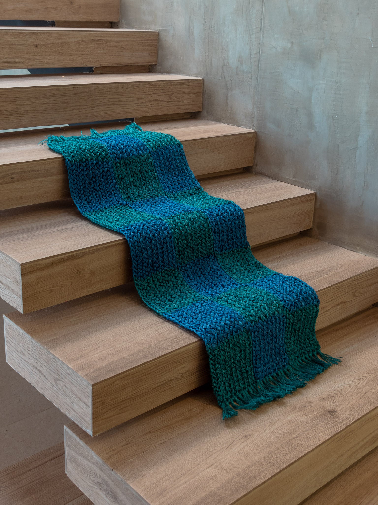 Handwoven Green and Blue Checkered Runner with Fringes