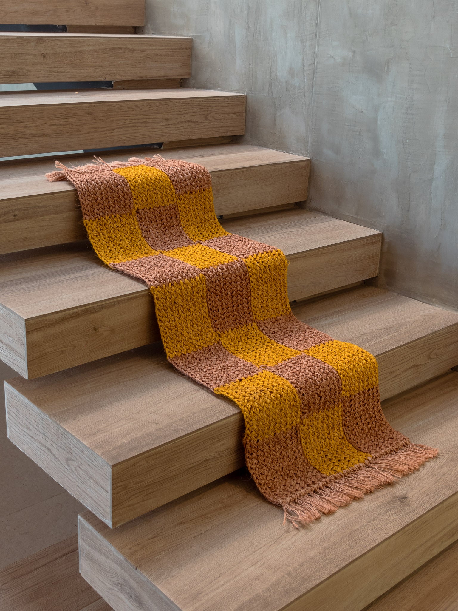 Handwoven Yellow and Peach Checkered Runner with Fringes