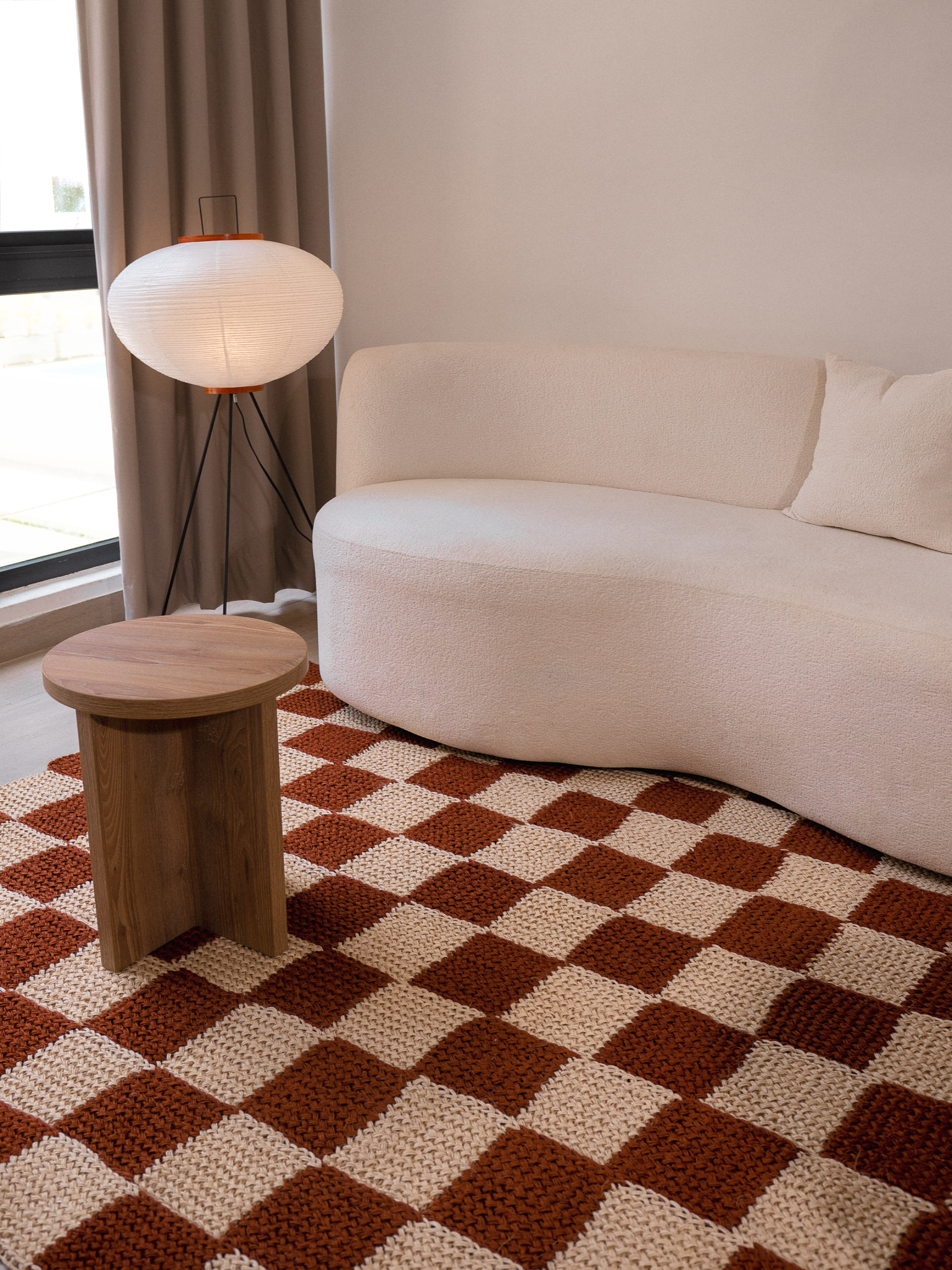 Handwoven Checkered Terracotta and White Rug